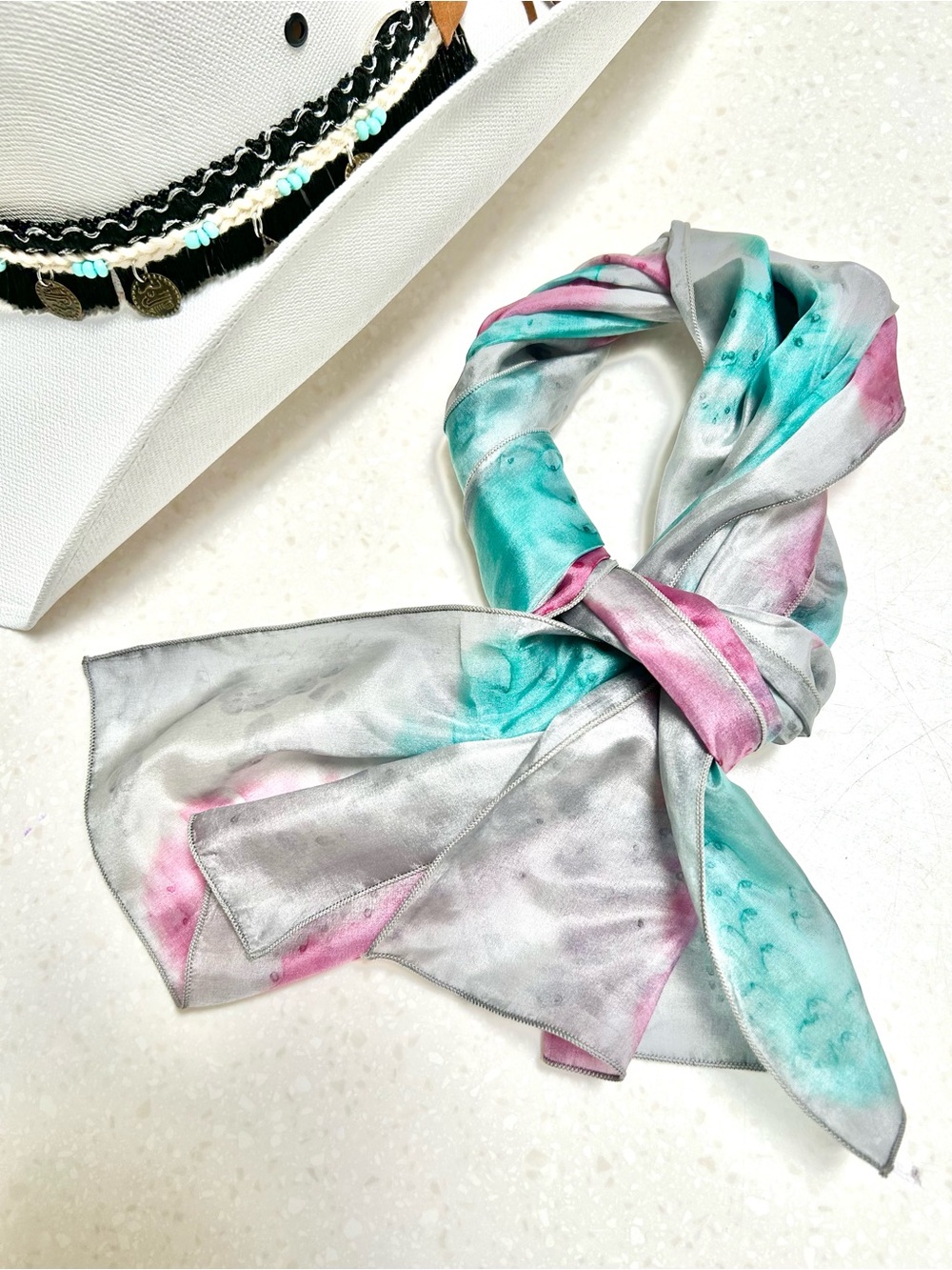 Artisan Silk Scarf with Teal & Pink Watercolor Accents hippy prairie vibe